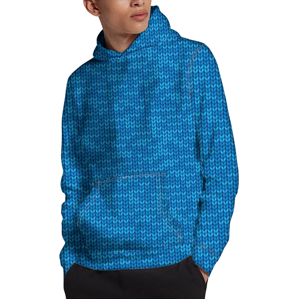 Blue Knitted Pattern Print Pullover Hoodie