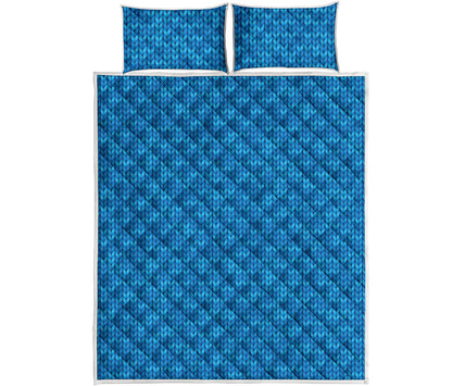 Blue Knitted Pattern Print Quilt Bed Set