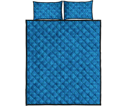 Blue Knitted Pattern Print Quilt Bed Set