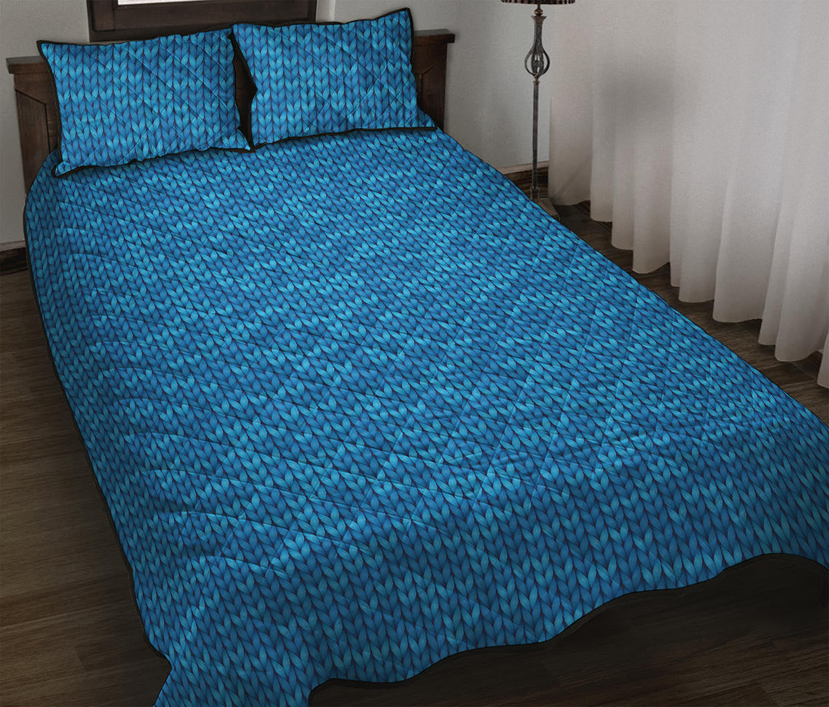 Blue Knitted Pattern Print Quilt Bed Set