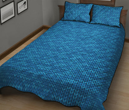 Blue Knitted Pattern Print Quilt Bed Set