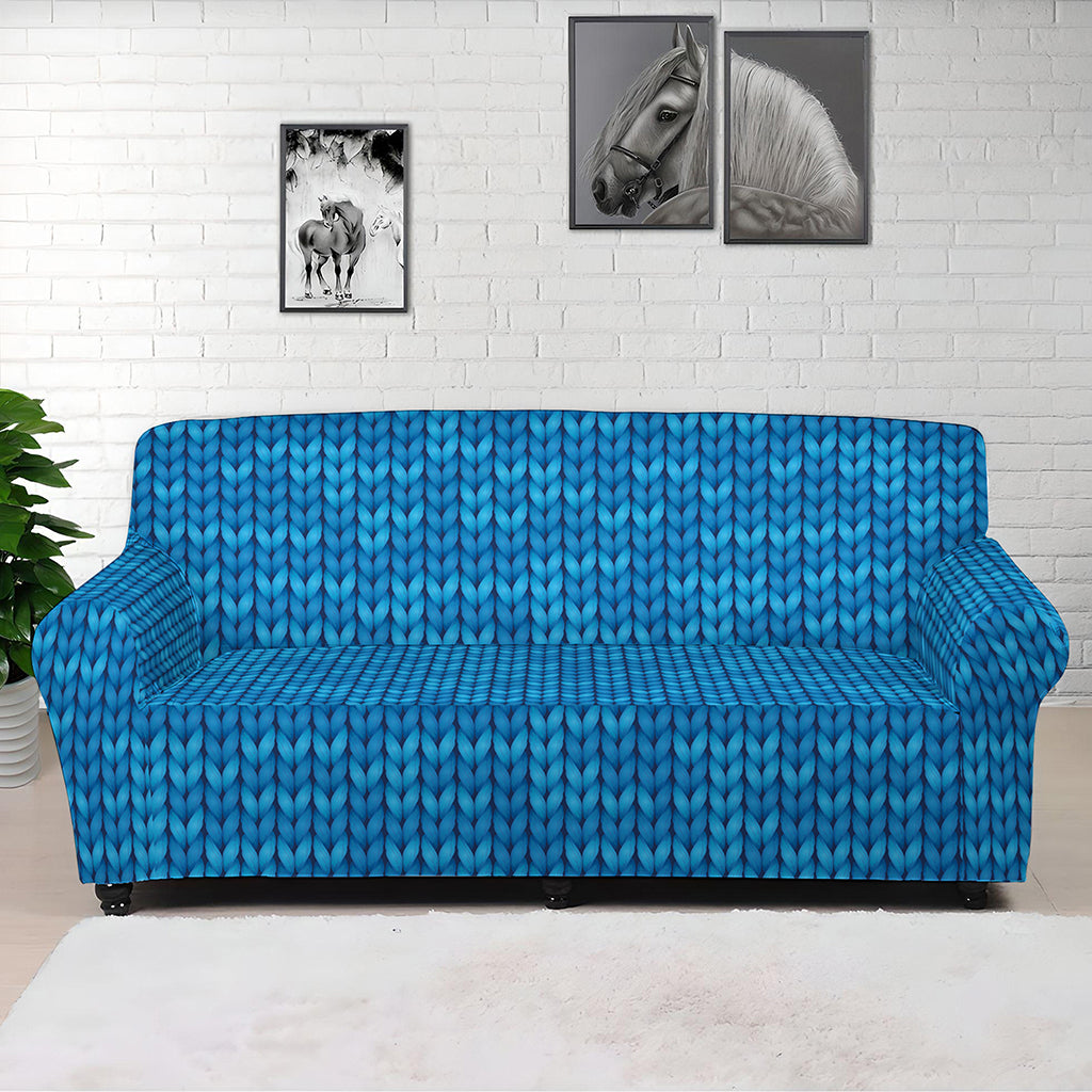 Blue Knitted Pattern Print Sofa Cover