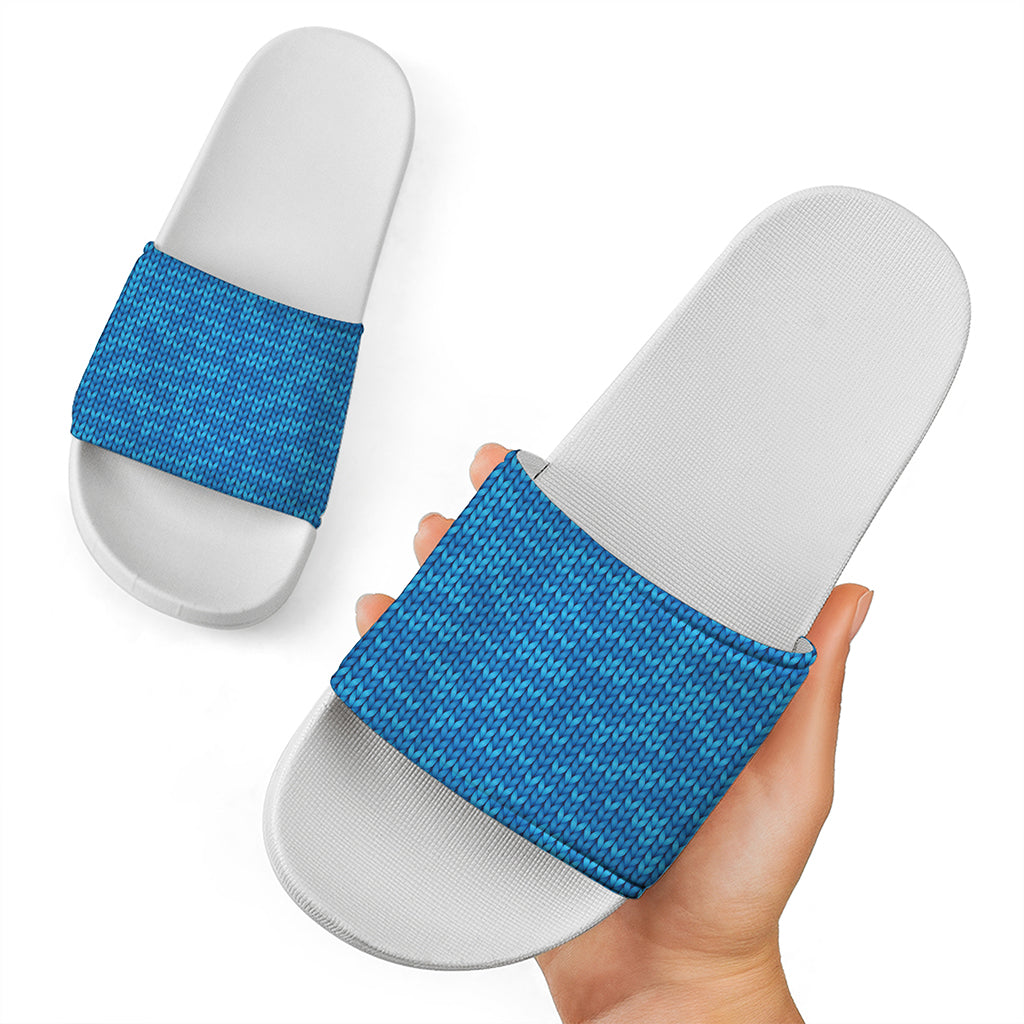 Blue Knitted Pattern Print White Slide Sandals