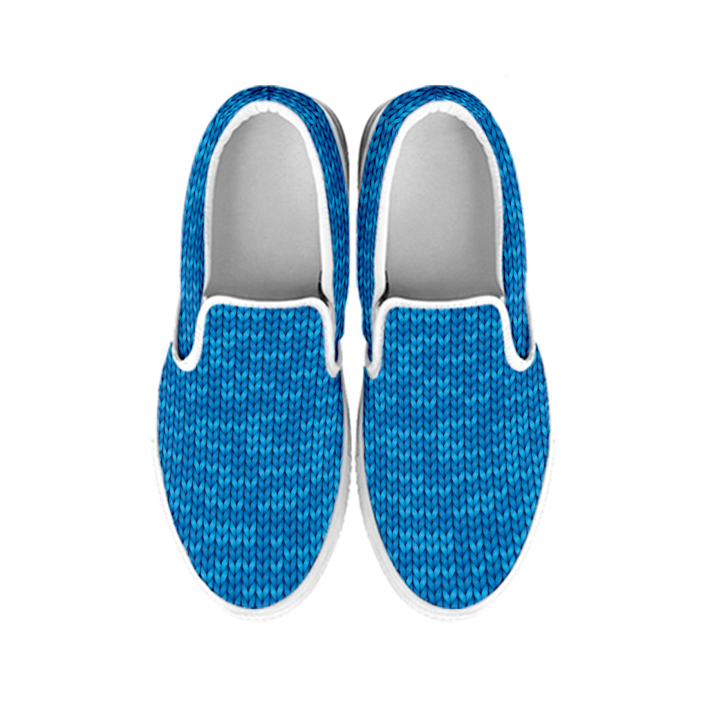 Blue Knitted Pattern Print White Slip On Shoes