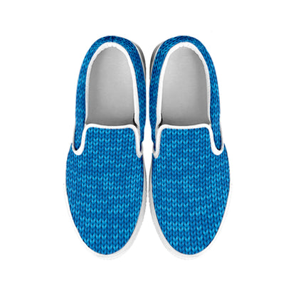 Blue Knitted Pattern Print White Slip On Shoes