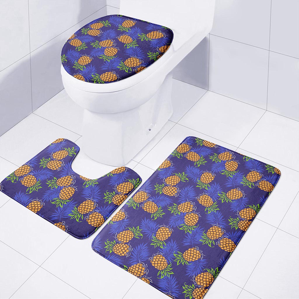 Blue Leaf Pineapple Pattern Print 3 Piece Bath Mat Set