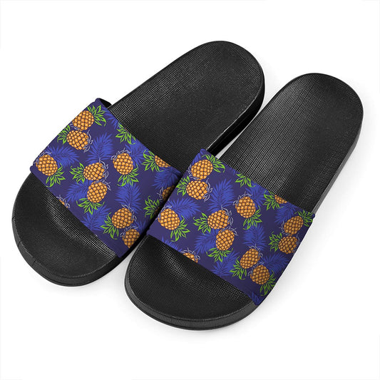 Blue Leaf Pineapple Pattern Print Black Slide Sandals