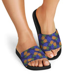 Blue Leaf Pineapple Pattern Print Black Slide Sandals