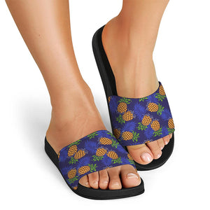 Blue Leaf Pineapple Pattern Print Black Slide Sandals