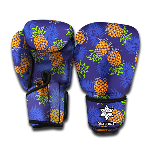 Blue Leaf Pineapple Pattern Print Boxing Gloves