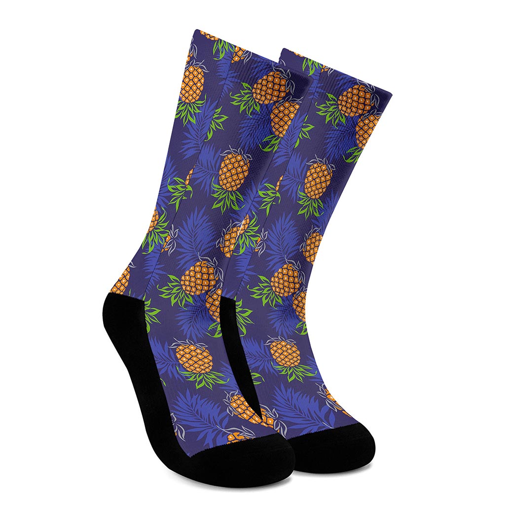 Blue Leaf Pineapple Pattern Print Crew Socks