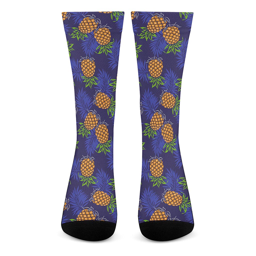 Blue Leaf Pineapple Pattern Print Crew Socks