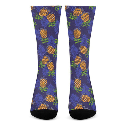 Blue Leaf Pineapple Pattern Print Crew Socks