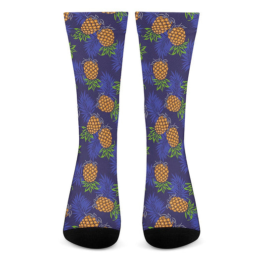 Blue Leaf Pineapple Pattern Print Crew Socks