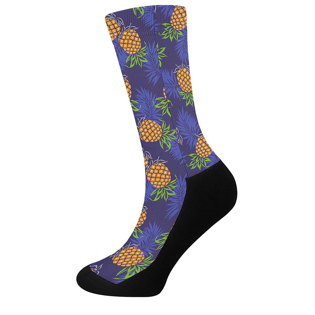 Blue Leaf Pineapple Pattern Print Crew Socks