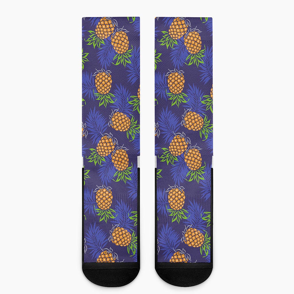 Blue Leaf Pineapple Pattern Print Crew Socks