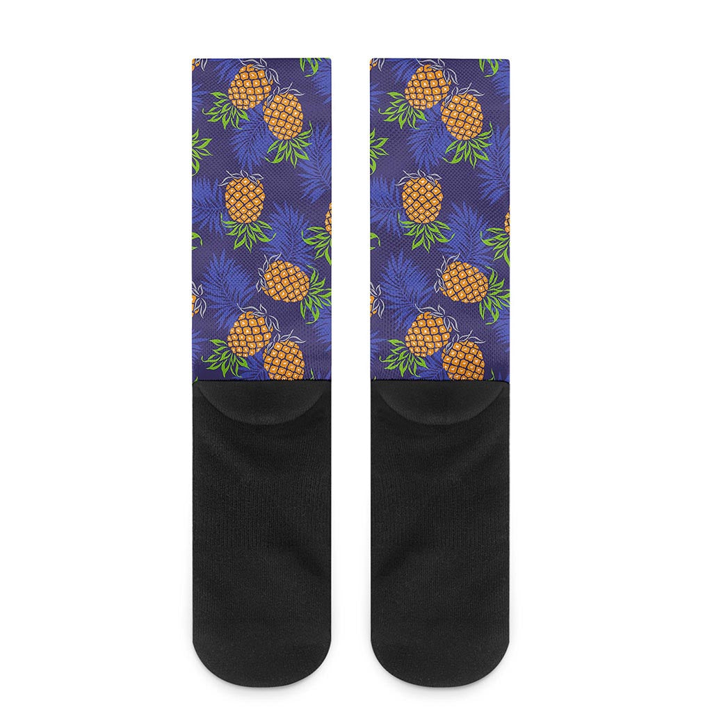 Blue Leaf Pineapple Pattern Print Crew Socks