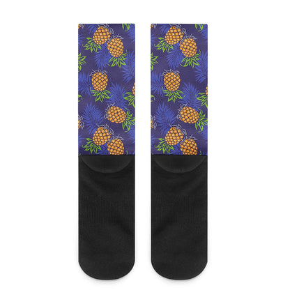 Blue Leaf Pineapple Pattern Print Crew Socks