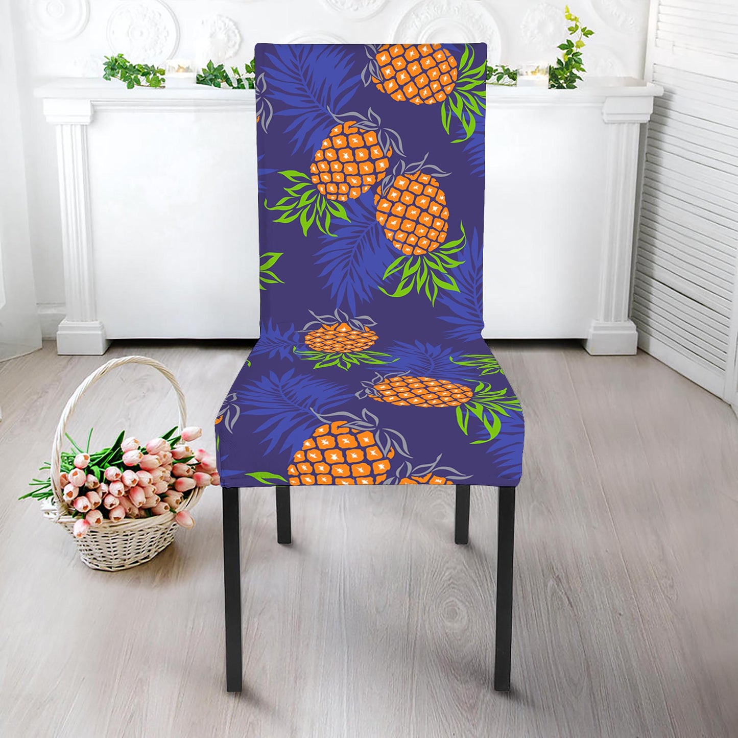 Blue Leaf Pineapple Pattern Print Dining Chair Slipcover