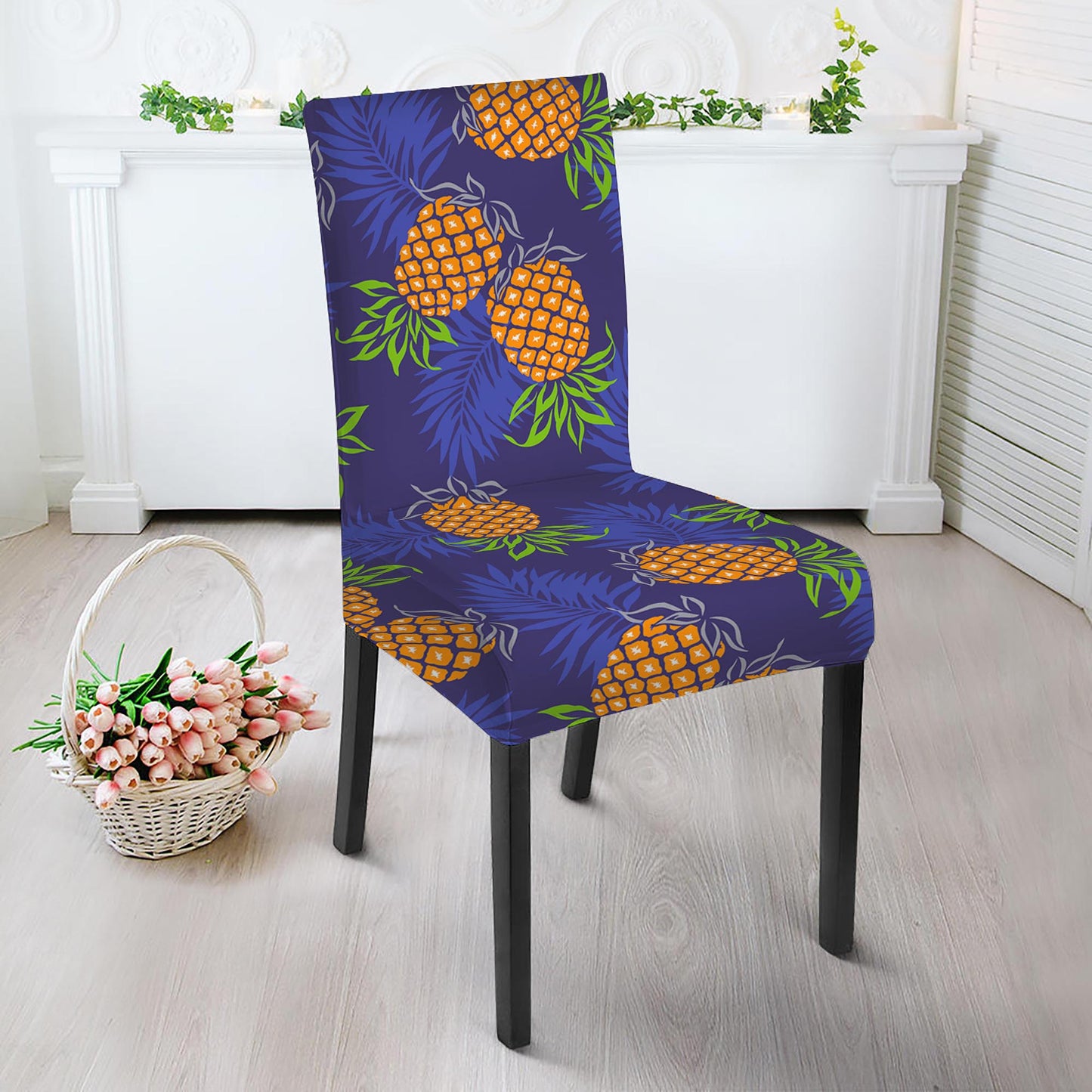 Blue Leaf Pineapple Pattern Print Dining Chair Slipcover