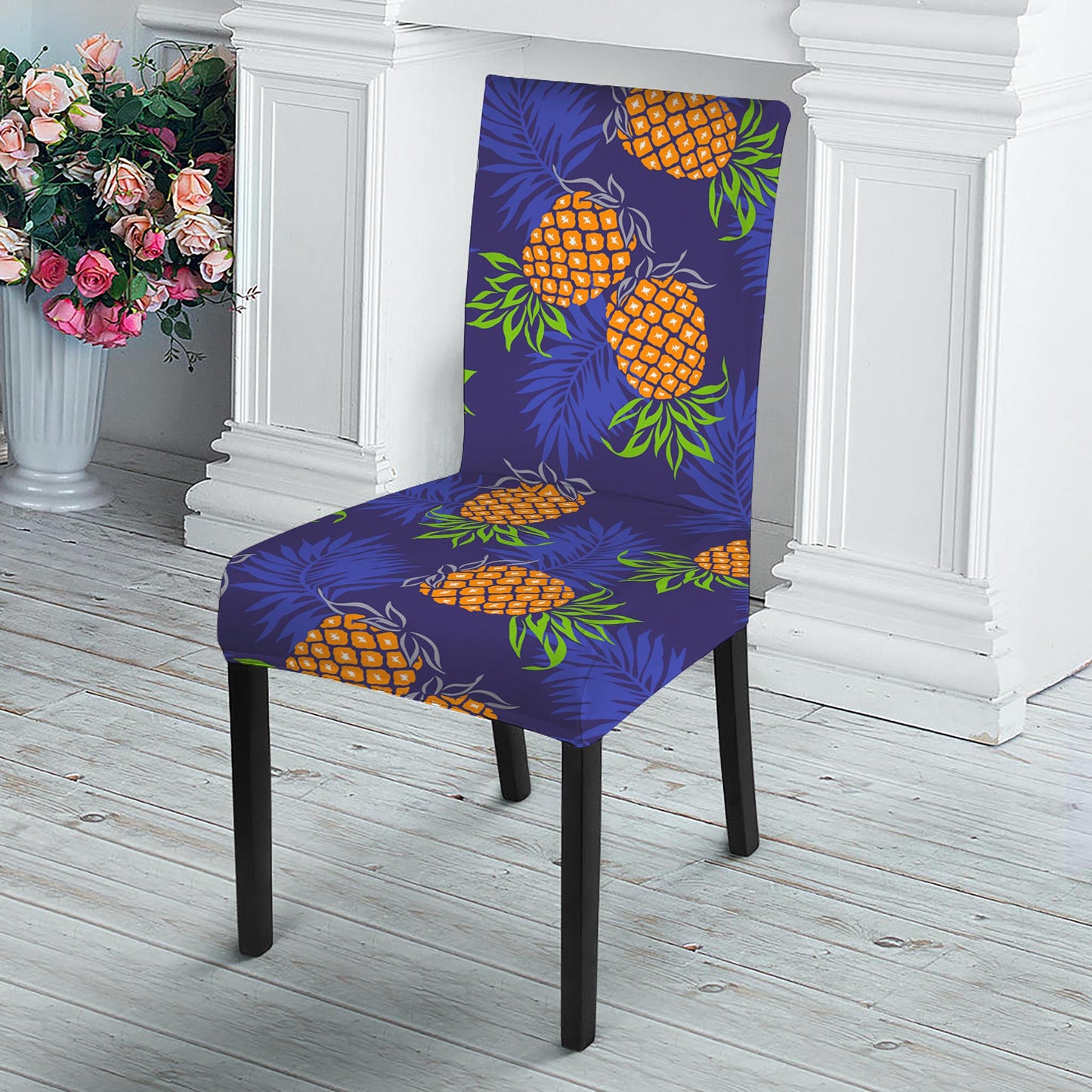 Blue Leaf Pineapple Pattern Print Dining Chair Slipcover