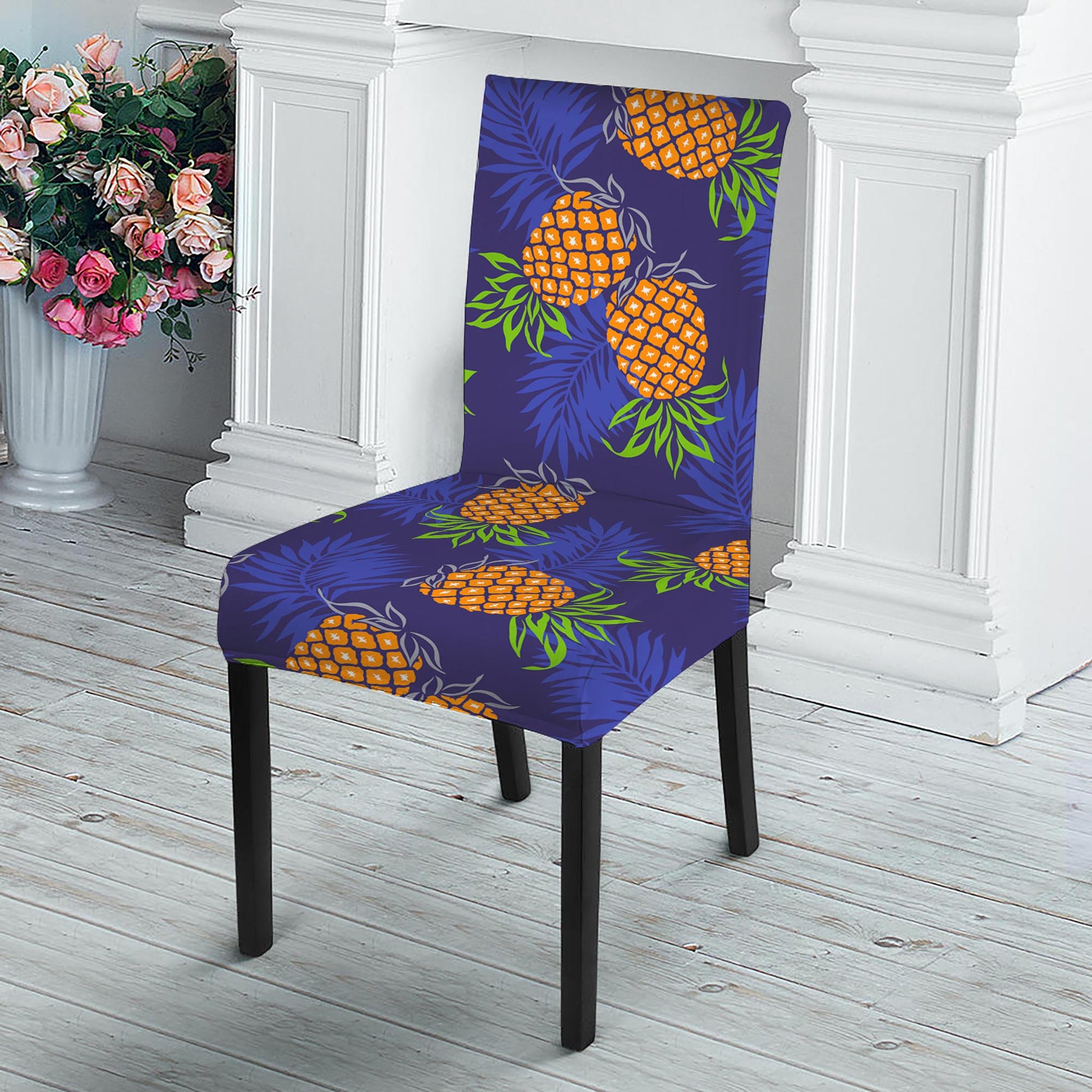 Blue Leaf Pineapple Pattern Print Dining Chair Slipcover