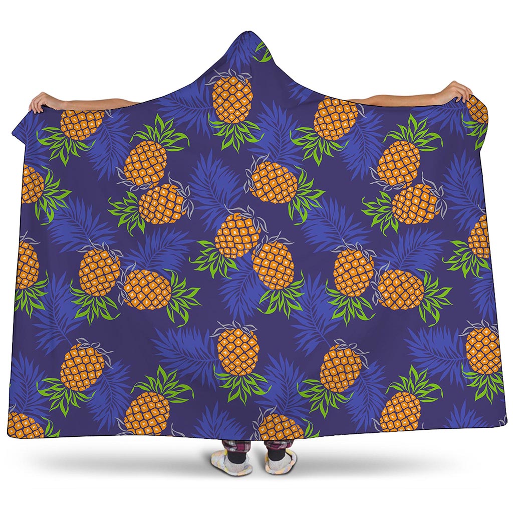 Blue Leaf Pineapple Pattern Print Hooded Blanket
