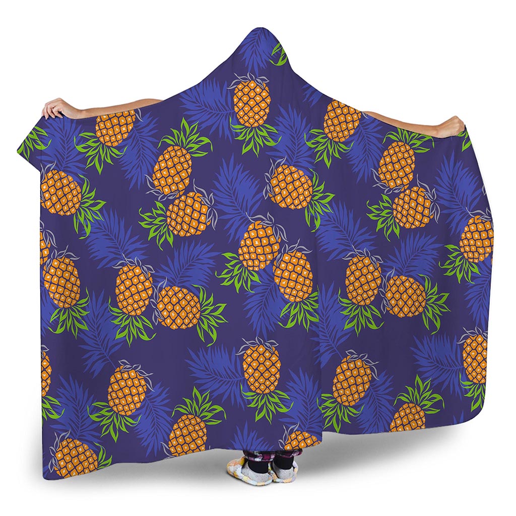 Blue Leaf Pineapple Pattern Print Hooded Blanket
