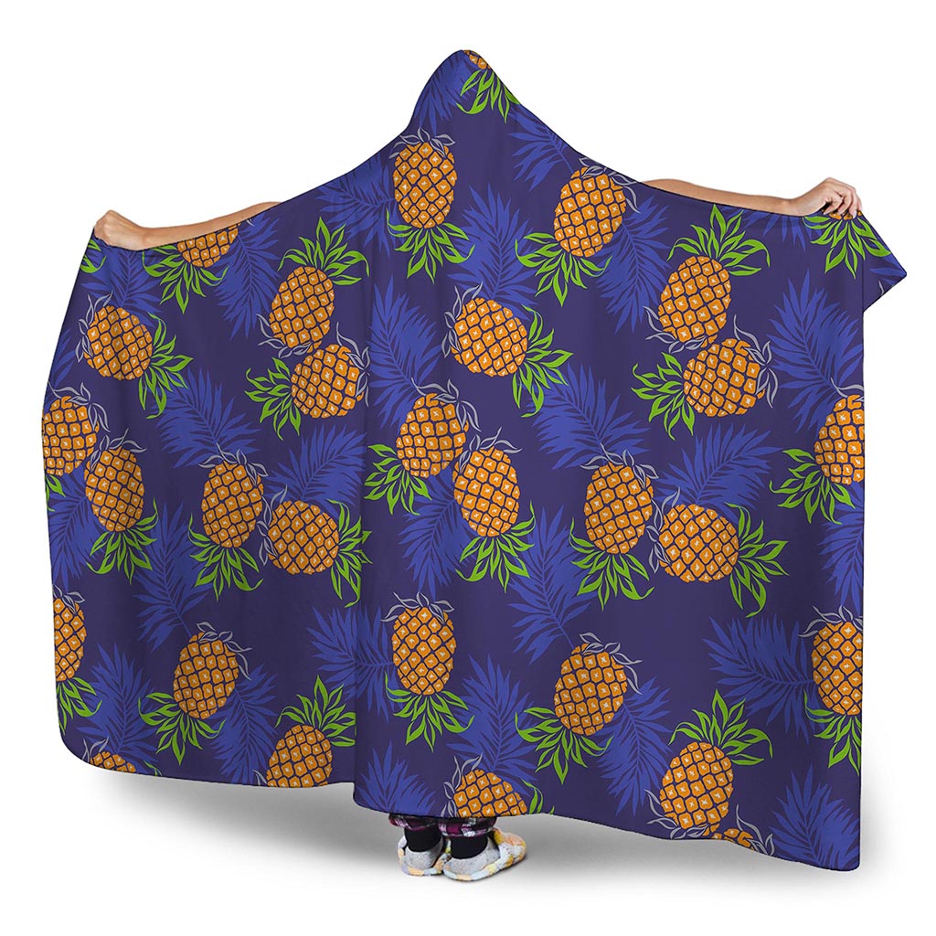 Blue Leaf Pineapple Pattern Print Hooded Blanket