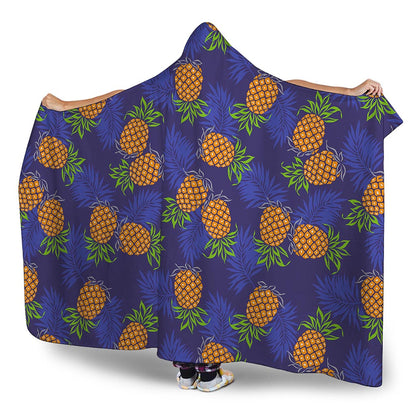 Blue Leaf Pineapple Pattern Print Hooded Blanket