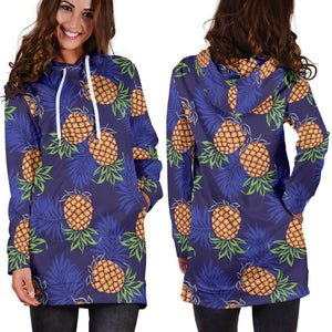 Blue Leaf Pineapple Pattern Print Hoodie Dress GearFrost