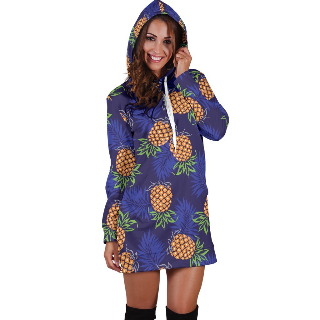 Blue Leaf Pineapple Pattern Print Hoodie Dress GearFrost