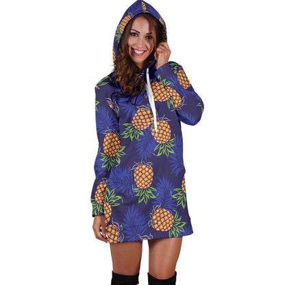 Blue Leaf Pineapple Pattern Print Hoodie Dress GearFrost