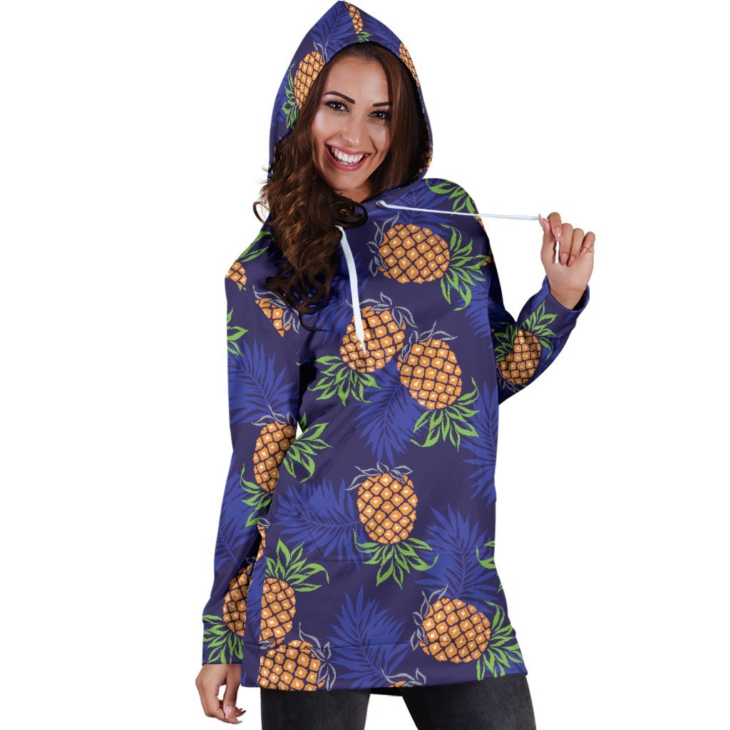 Blue Leaf Pineapple Pattern Print Hoodie Dress GearFrost