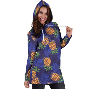 Blue Leaf Pineapple Pattern Print Hoodie Dress GearFrost