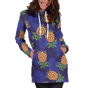 Blue Leaf Pineapple Pattern Print Hoodie Dress GearFrost