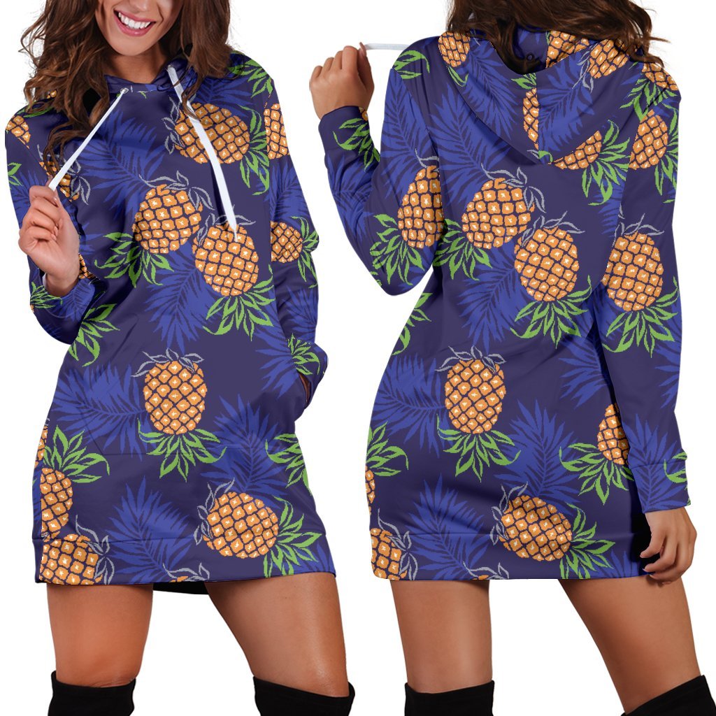 Blue Leaf Pineapple Pattern Print Hoodie Dress GearFrost