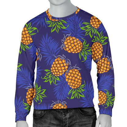 Blue Leaf Pineapple Pattern Print Men's Crewneck Sweatshirt GearFrost
