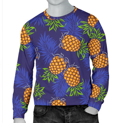 Blue Leaf Pineapple Pattern Print Men's Crewneck Sweatshirt GearFrost