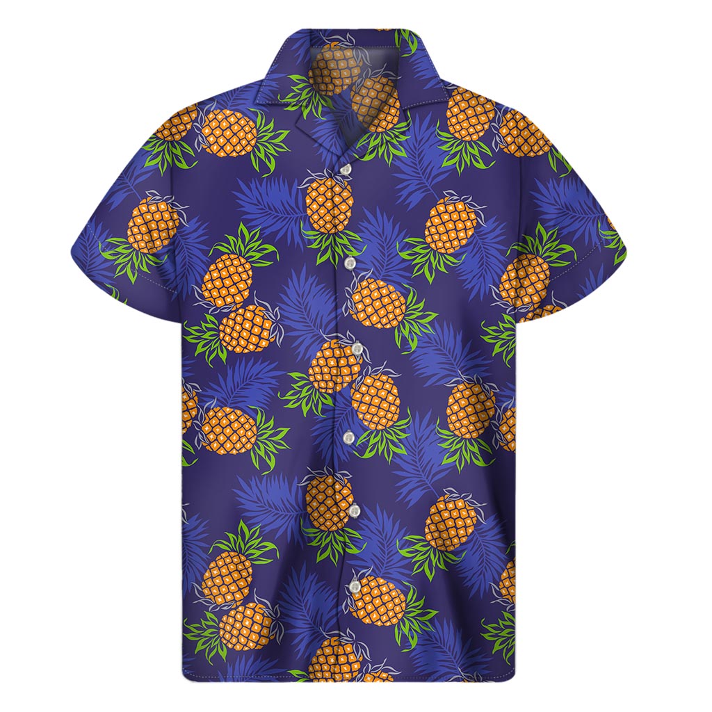 Blue Leaf Pineapple Pattern Print Men's Short Sleeve Shirt
