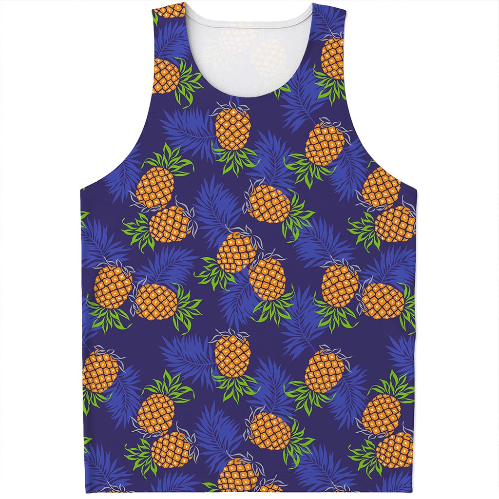 Blue Leaf Pineapple Pattern Print Men's Tank Top