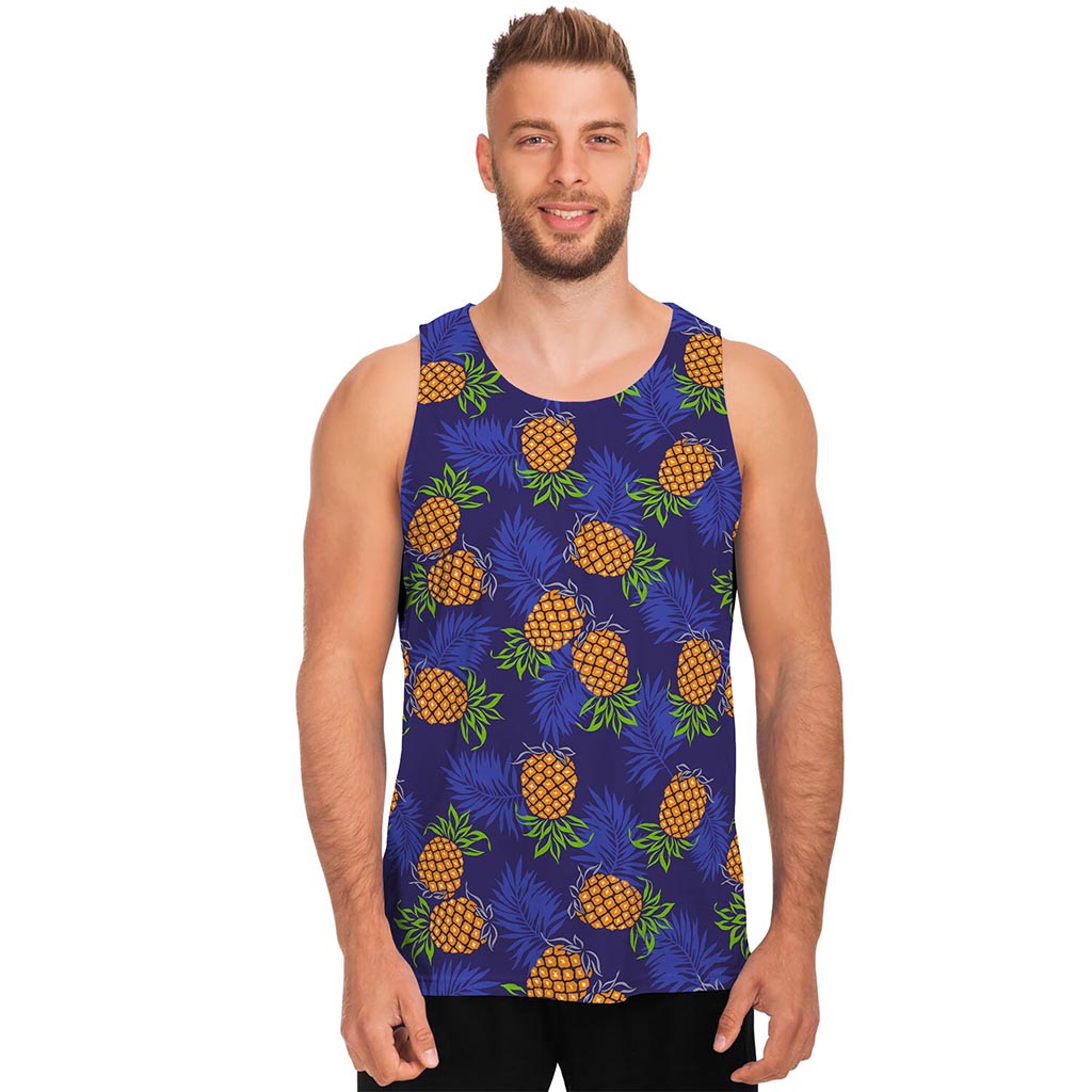 Blue Leaf Pineapple Pattern Print Men's Tank Top