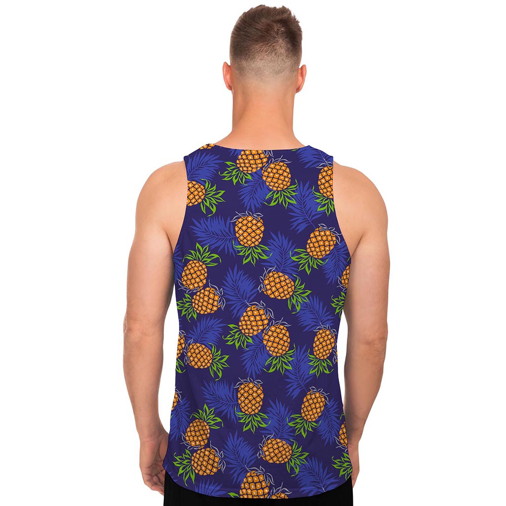 Blue Leaf Pineapple Pattern Print Men's Tank Top