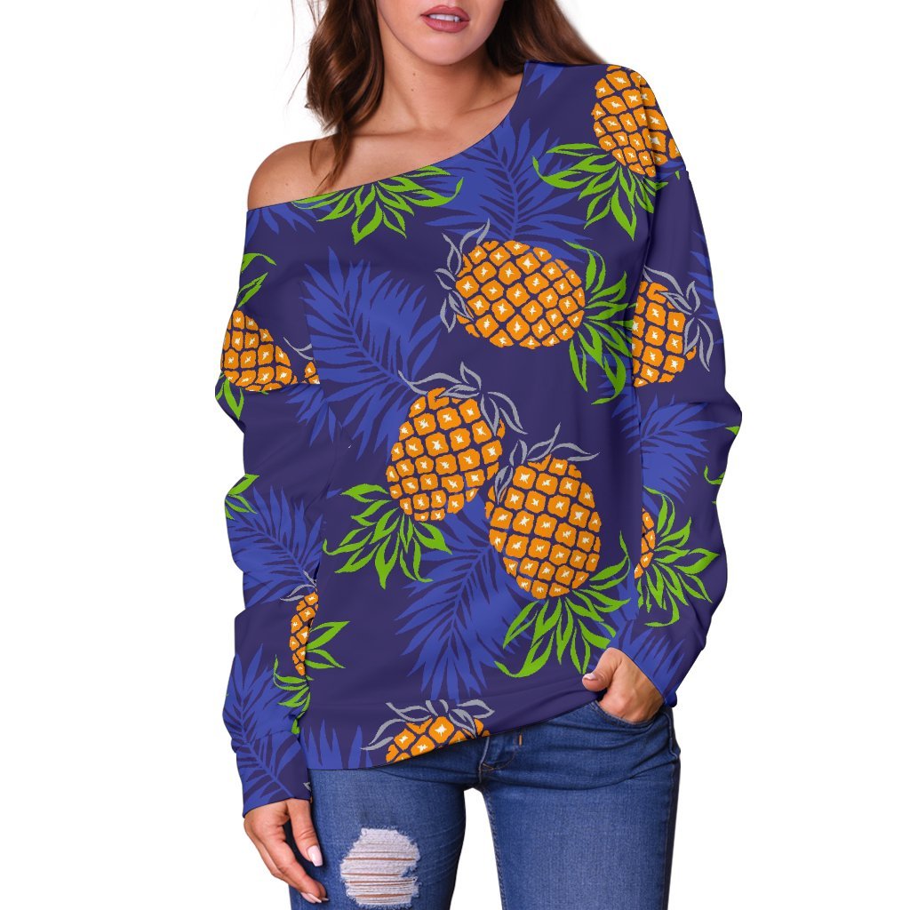 Blue Leaf Pineapple Pattern Print Off Shoulder Sweatshirt GearFrost