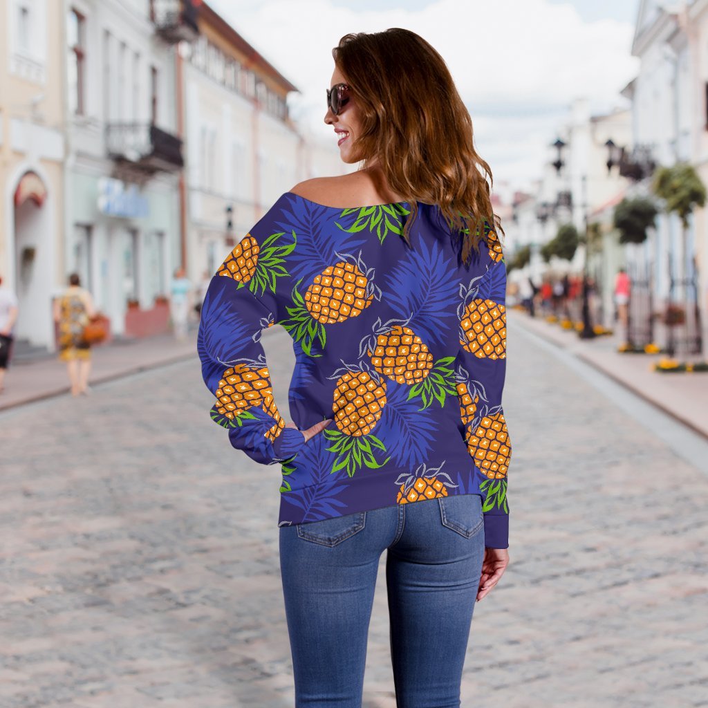 Blue Leaf Pineapple Pattern Print Off Shoulder Sweatshirt GearFrost