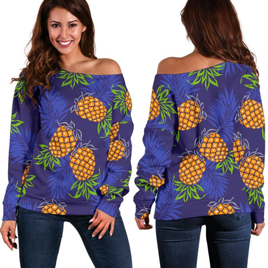 Blue Leaf Pineapple Pattern Print Off Shoulder Sweatshirt GearFrost