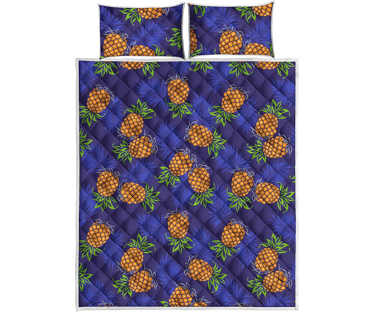 Blue Leaf Pineapple Pattern Print Quilt Bed Set