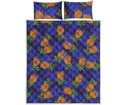 Blue Leaf Pineapple Pattern Print Quilt Bed Set