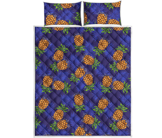 Blue Leaf Pineapple Pattern Print Quilt Bed Set