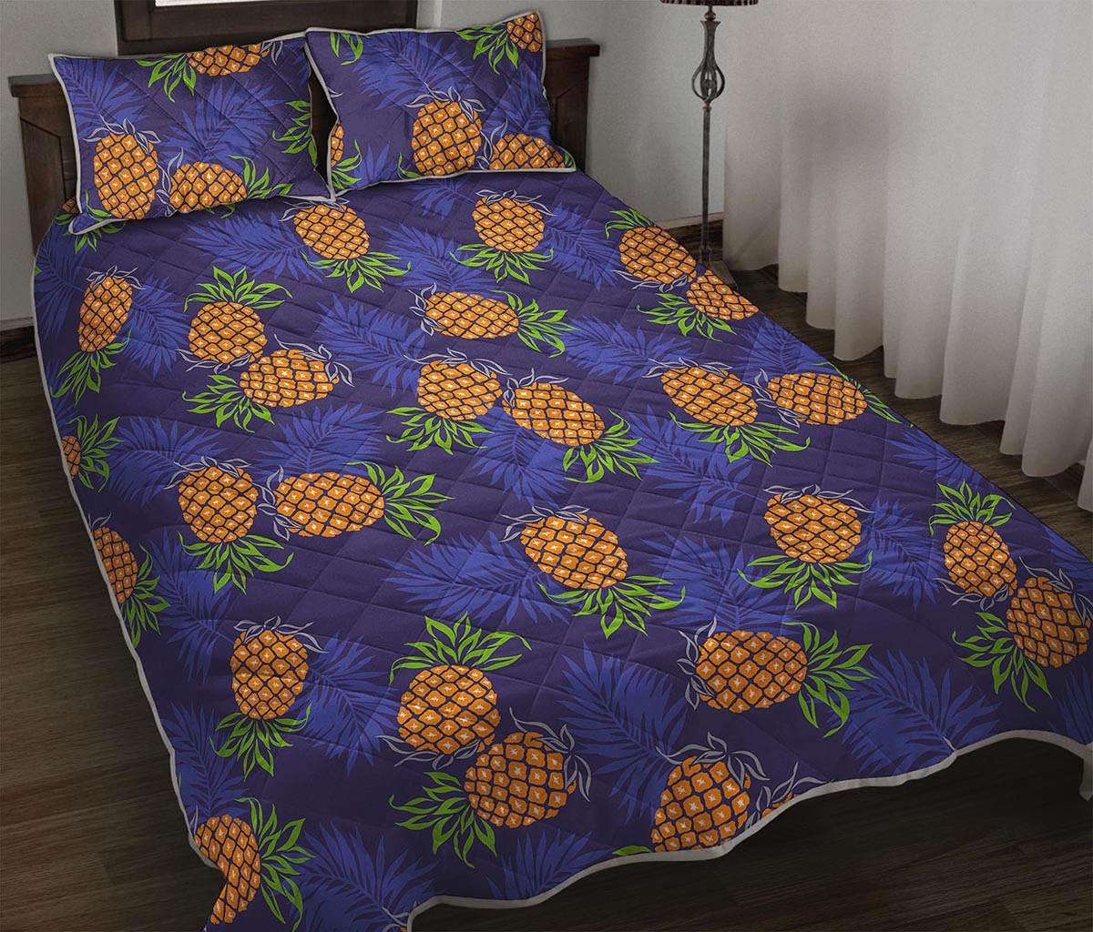 Blue Leaf Pineapple Pattern Print Quilt Bed Set